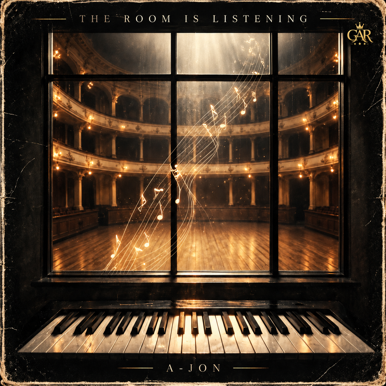 The Room Is Listening album artwork: a piano beneath a window looking into an empty concert hall, with glowing musical notes.